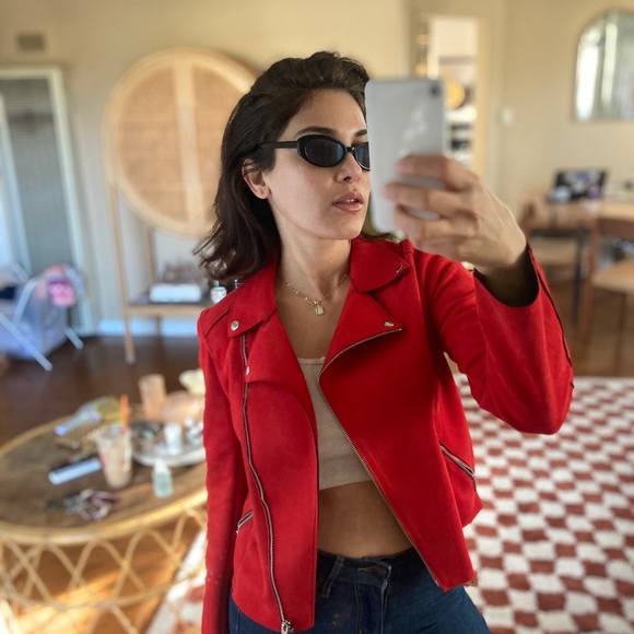 H&M Red Faux Suede Biker Jacket - Size US 2 - Picture 3 of 8